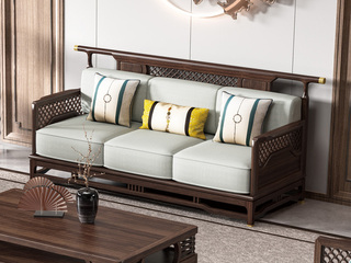  新中式风格 乌金木 网格镂空款 扶手三人沙发 