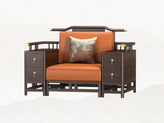  新中式风格 乌金木+皮艺 双层抽屉双扶手单人沙发 