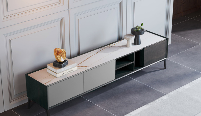 斐亚家居 极简风格 实木抽屉 劳伦白金 哑光岩板 电视柜