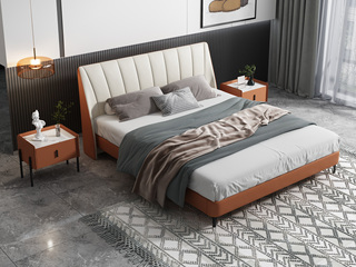  时尚简约 实木框架 橙色+米白色 皮艺 1.5*2.0米双人床高箱床（搭配10公分松木排骨架）