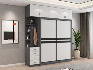 轻奢风格 环保实用 黑白拼色推拉门 2开门衣柜组合（长1.4米衣柜+长1.8米顶柜+长0.4米边柜）