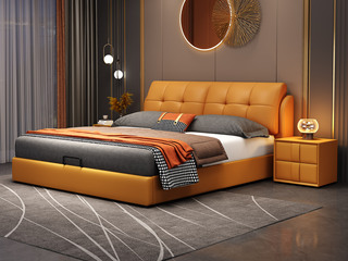  现代简约 实木框架 柔软舒适海绵 金橙色皮艺1.8*2.0米床（搭配10公分松木排骨架）