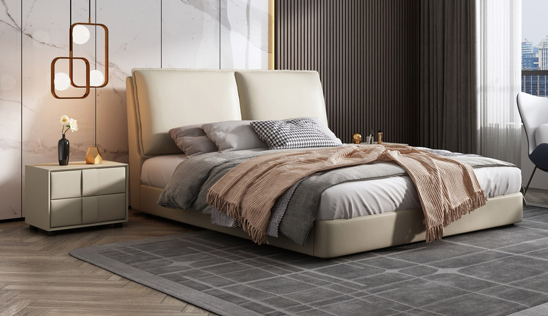 卡罗亚 极简风格  充盈软靠 实木 米黄色 皮艺 1.5*2.0米双人床（搭配10公分松木排骨架)