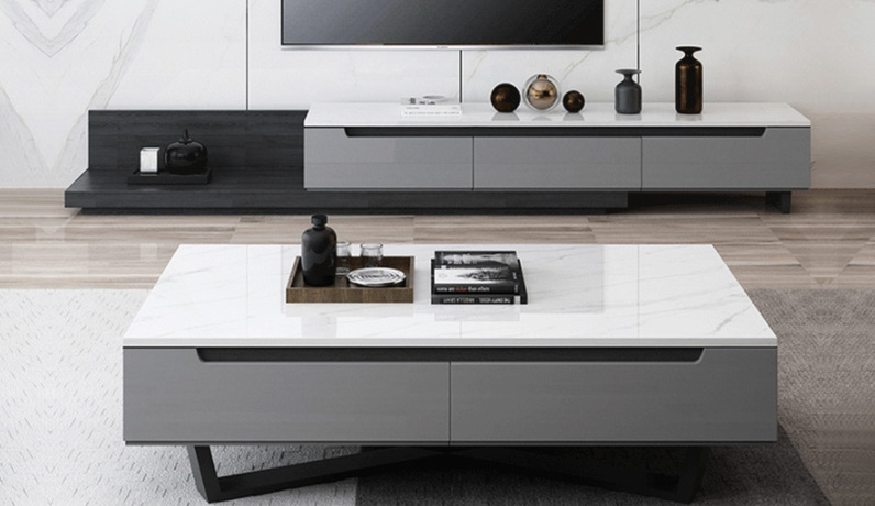 诺美帝斯 极简风格 防刮耐磨哑光岩板台面 白色台面+灰色柜体 多功能伸缩电视柜