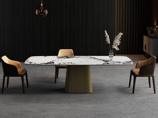  极简风格 防刮耐磨亮光岩板台面 色泽通透 古铜色底座 长1.8米餐桌