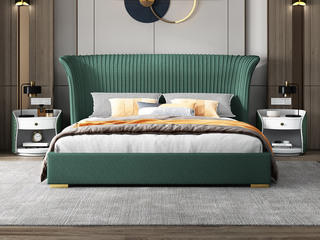  简美风格 全实木床边 布艺 舒适睡感 亮绿色 多功能储物实木高箱床 卧室 1.8*2.0米双人床（图片为排骨架床）