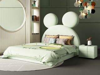  轻奢风格 柔软亲肤 青绿色 布艺 米老鼠床头C款1.5*2.0米儿童床（升级10公分松木排骨架 图片为真皮款，此配置为麻布款）
