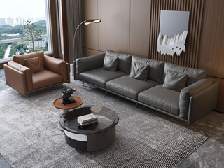  现代简约 真皮沙发 质感细腻 SPA级触感 进口头层黄牛皮 天然蓬松羽绒靠包坐包 实木框架 1+4沙发组合