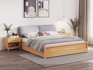  北欧风格 北美进口白蜡木 绒布软靠 1.8*2.0米 原木色 高箱床