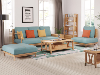  北欧风格 北美进口白蜡木 科技布沙发 原木色 （3个抱枕 随机发货）单扶手三人位发