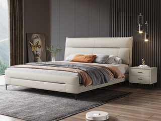  极简风格 舒适软靠 高端皮艺+实木框架 米白色 1.8*2.0米 床（搭配10公分松木排骨架）
