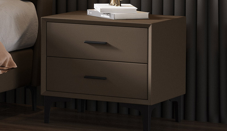 歌迪 极简风格 全实木柜体+松木抽屉 实木 扪皮  卡其色双抽床头柜