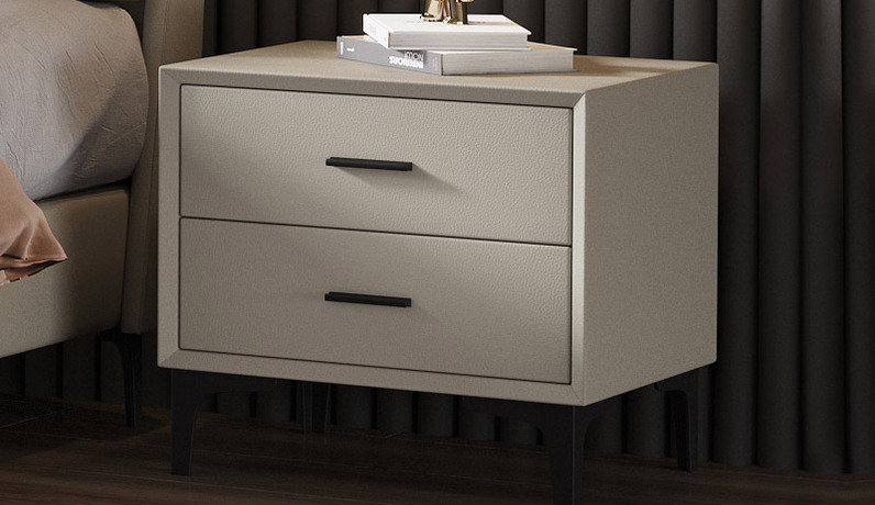 歌迪 极简风格 实木 全实木柜体+松木抽屉 扪皮  米白色双抽床头柜