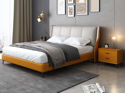  极简风格 优质皮艺+实木框架 高回弹舒适软靠包 晨灰+爱玛仕橙 1.5米床（搭配松木排骨架）