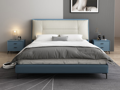  极简风格 优质皮艺+实木框架 高回弹舒适软靠包 雅灰+普蓝色 1.5米床（搭配松木排骨架）