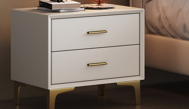 歌迪 极简风格 扪皮 实木抽屉 米白色 双抽床头柜（金色腿）
