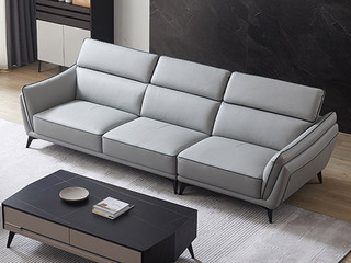 【现货】 极简风格 头层牛皮+实木框架 月魄灰 靠头五档调节 四人位直排沙发（此产品有短途物流费）