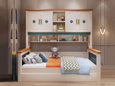  简美风格 实木 环保健康 蓝色 衣柜床 1.35*2.0m 儿童床（带书架）
